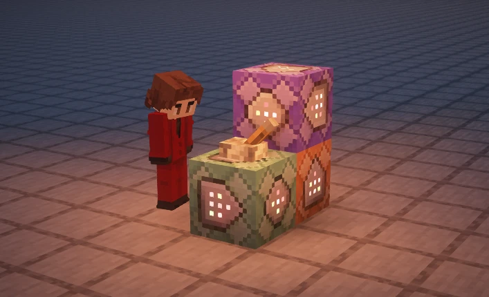 A Minecraft Player in front of a few command blocks