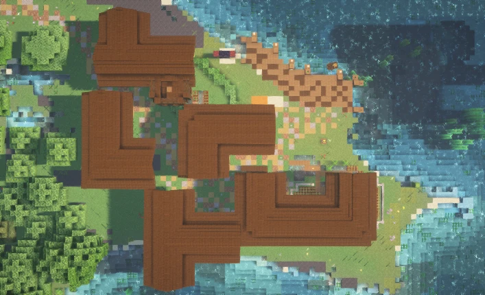 A top-down view of a small, organically shaped town
